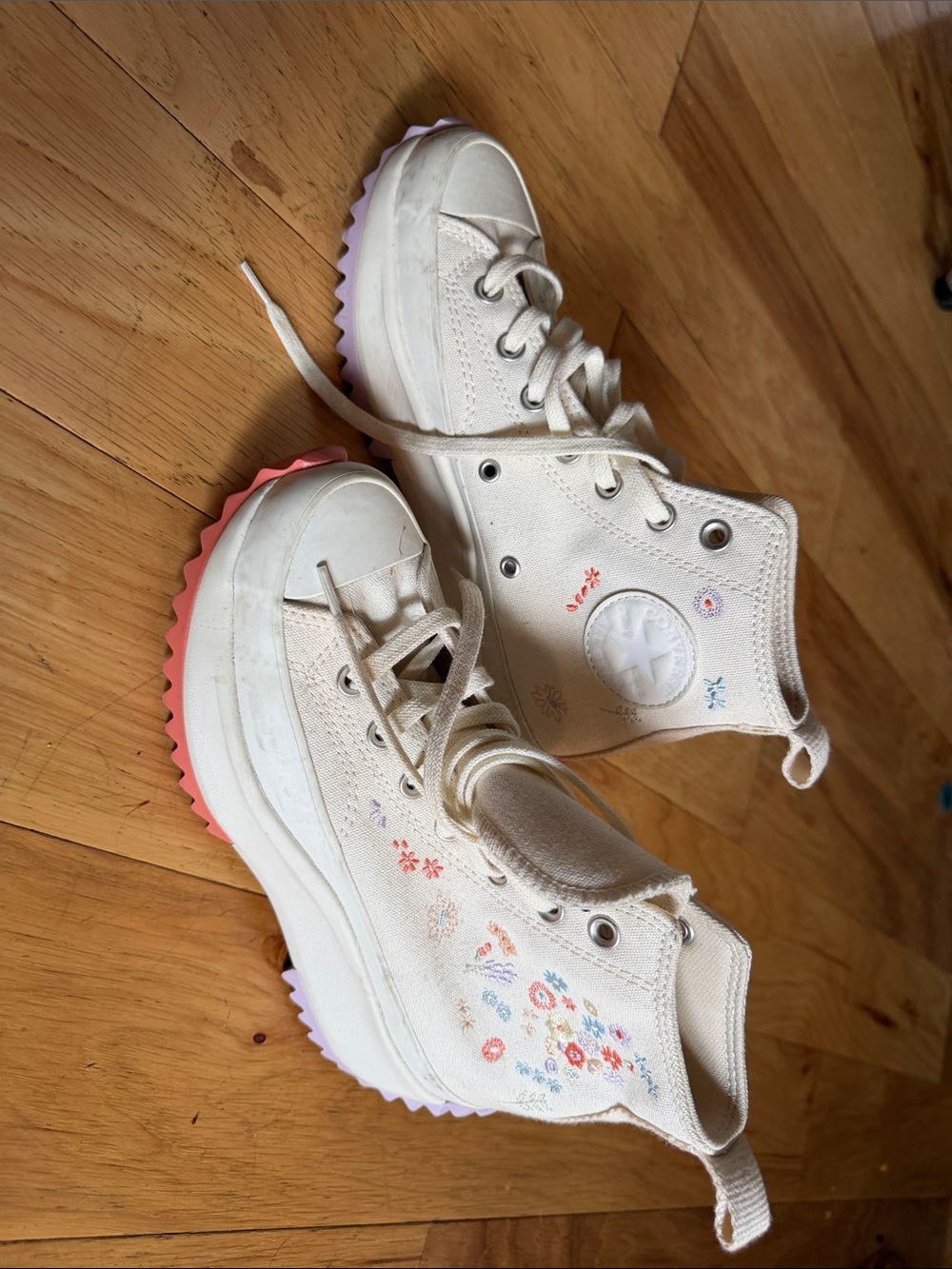 Converse Kids High-Top Canvas Sneakers in White with Pastel Floral Embroidery